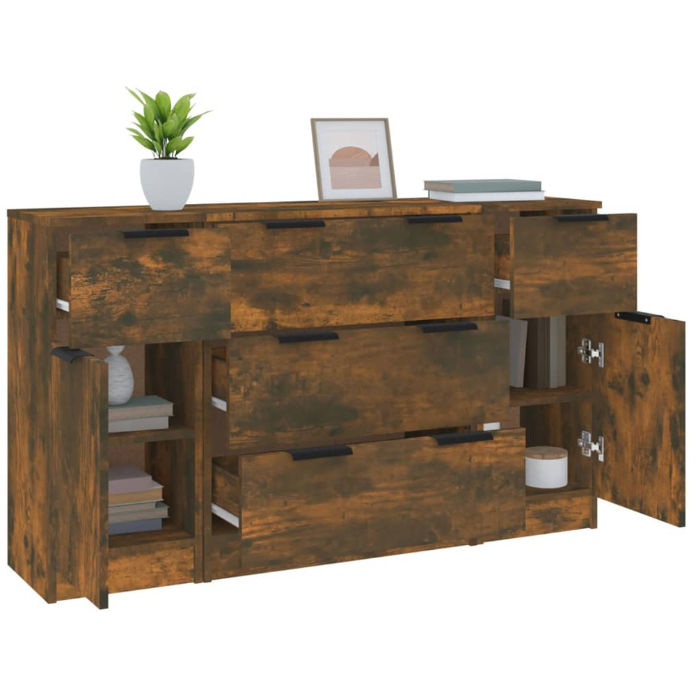 vidaXL 2 Door 5 Drawer Smoked Oak Sideboard 3 Piece Image 3