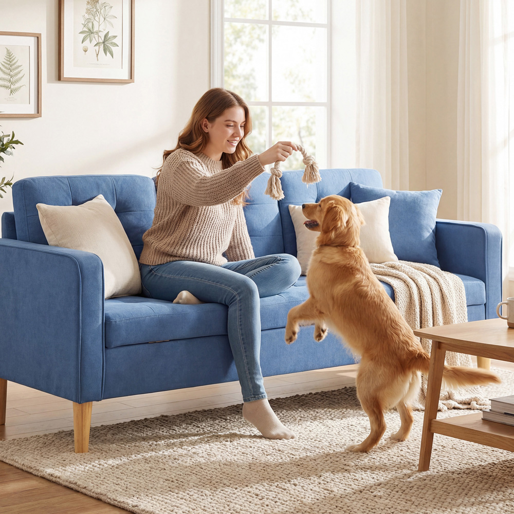 Portland 3 Seater Blue Snow Flannel Sofa with Storage Image 3