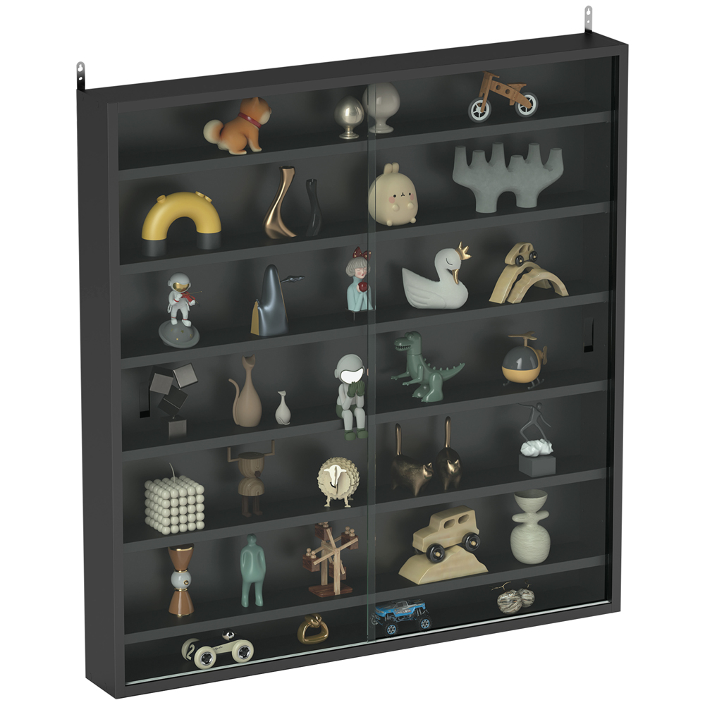 HOMCOM 7-Tier Glass Doors Black Wall Display Cabinet Image 2