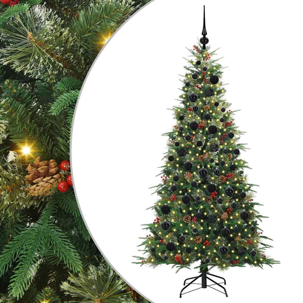 vidaXL Pre-Lit Black Baubles Green Artificial Hinged Christmas Tree 5ft Image 2