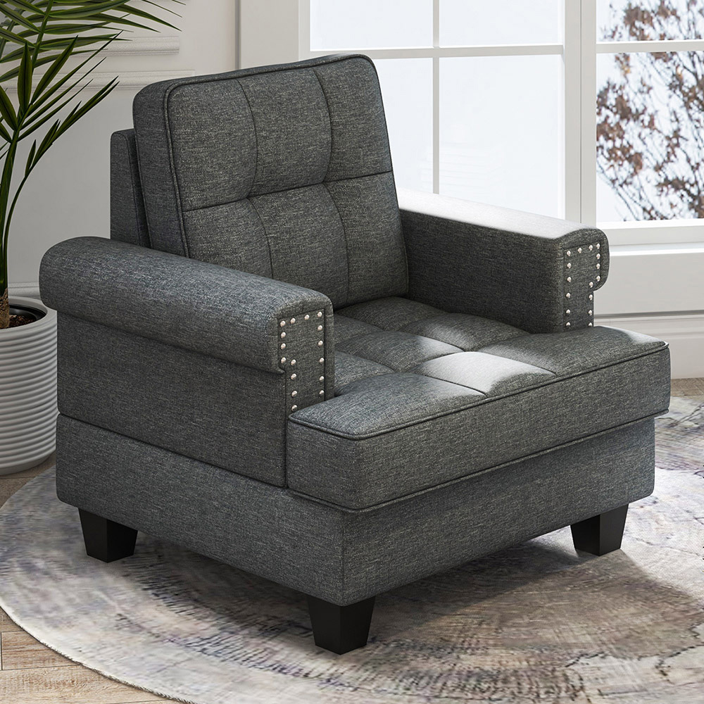 Costway Grey Mid Century Modern Tufted Linen Armchair with Pillow Image 1