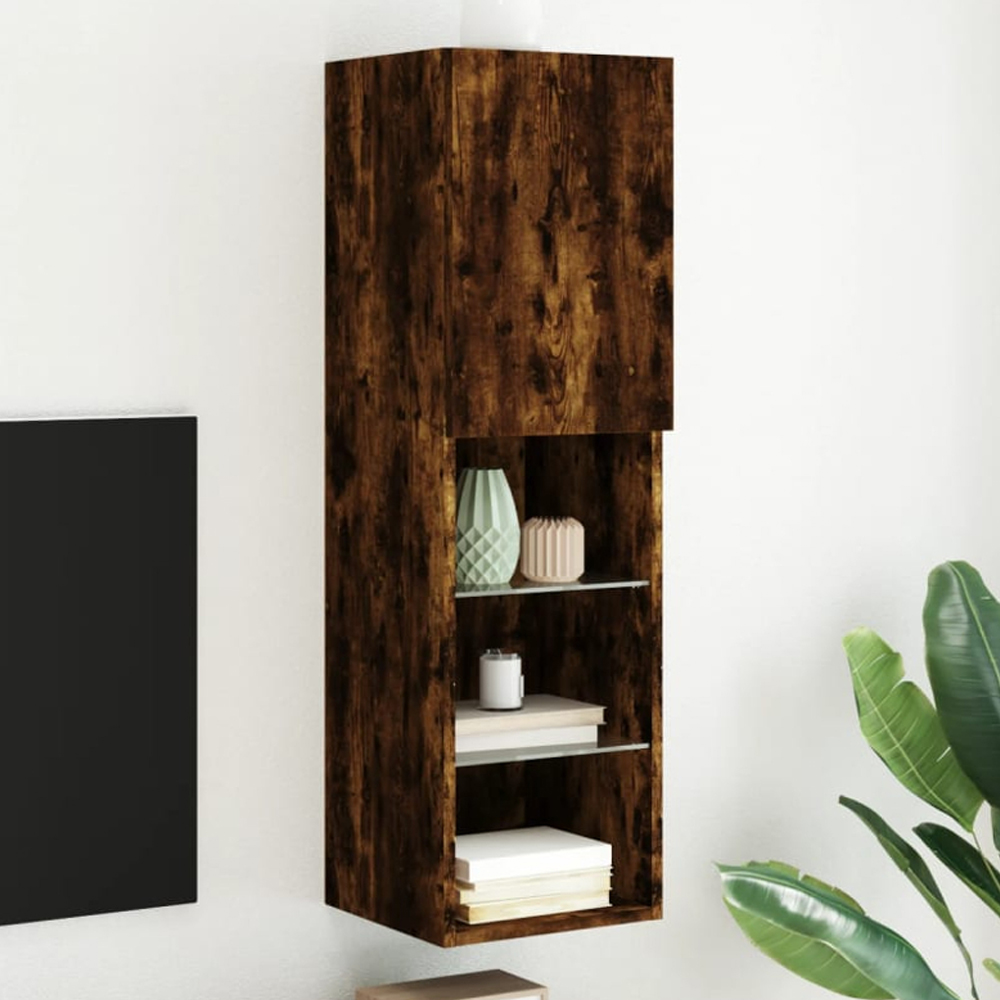 vidaXL Single Door 3 Shelf Smoked Oak Wall Mounted LED TV Cabinet Image 1