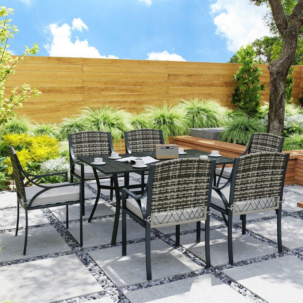 Outsunny 6 Seater Grey Rattan Garden Dining Set with Cushions Image 4