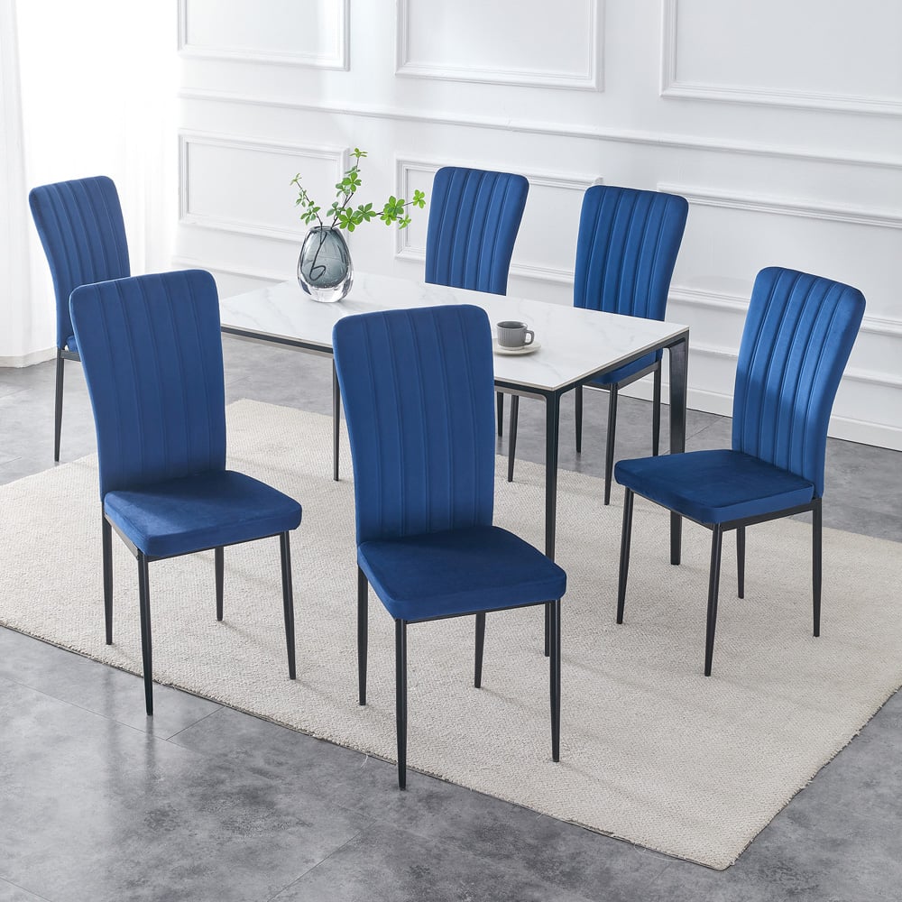 wilko Elle Set of 6 Blue Velvet Effect Plush Padded Upholstered Dining Chair Image 7