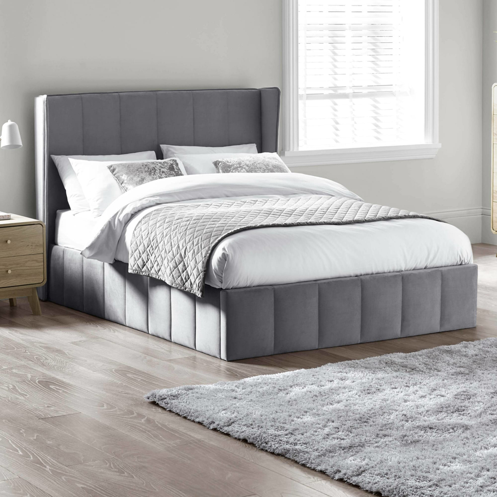 Julian Bowen Katie King Size Grey Velvet Lift-Up Ottoman Bed Frame with Winged Headboard Image 1