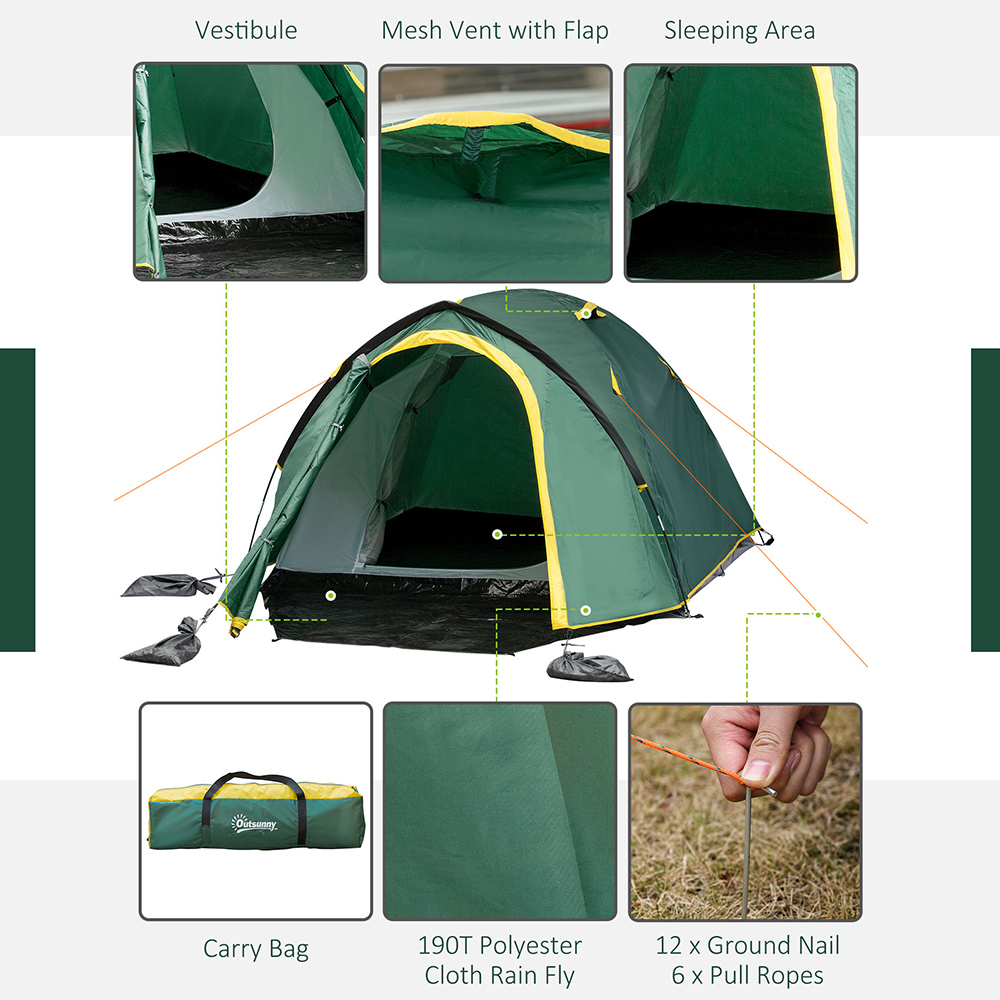Outsunny 2 Person Waterproof Camping Tent Green and Yellow Image 5