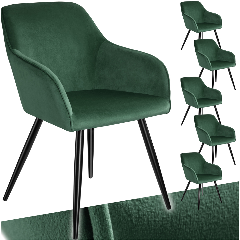 tectake Marilyn Set of 6 Dark Green and Black Velvet Look Padded Dining Chairs Image 2