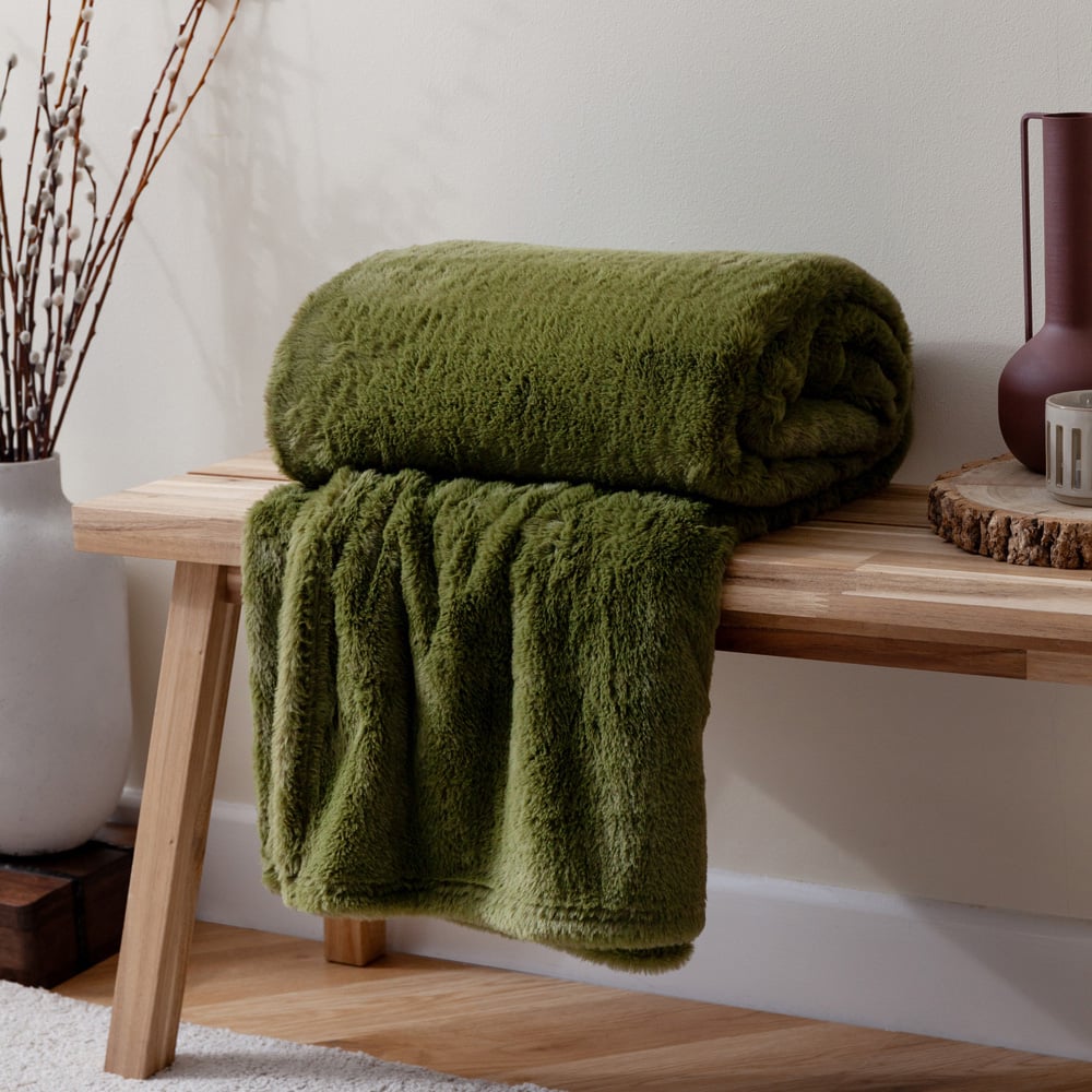 furn. Kallu Olive Double-Sided Faux-Fur Throw 130 x 180cm Image 2