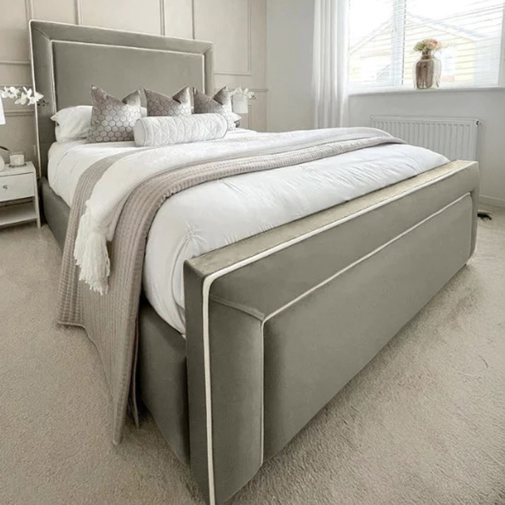 Eleganza Home Arring King Size Grey Plush Velvet Bed Frame with Headboard and Footboard Image 1