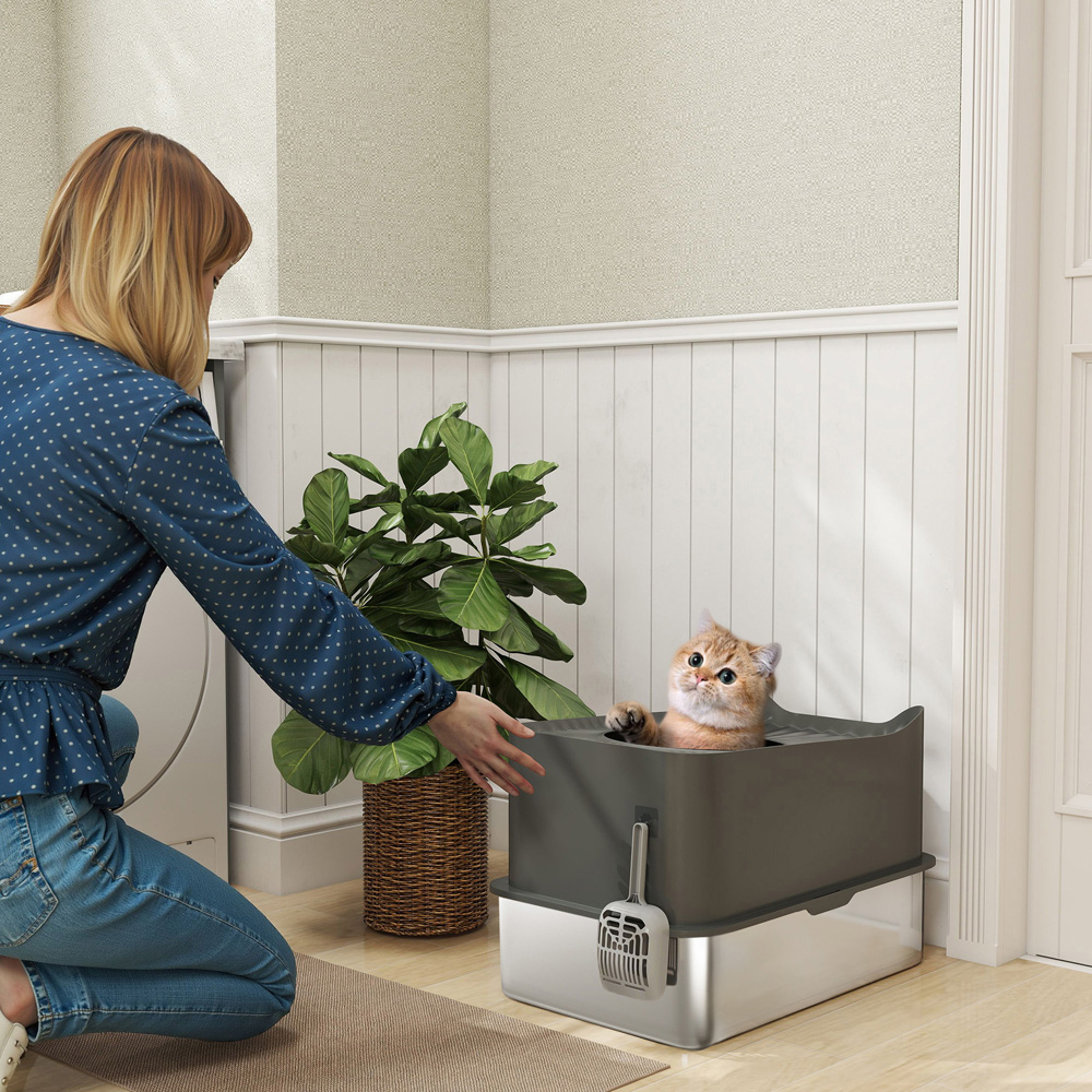 PawHut Dark Grey Stainless Steel Enclosed Cat Litter Box with Metal Litter Tray Image 2