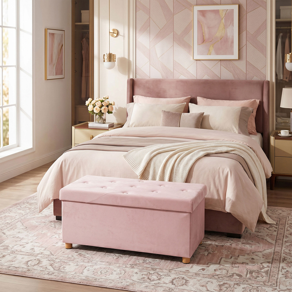 HOMCOM Pink Velvet Upholstered Foldable Ottoman Footrest with Wood Legs Image 2