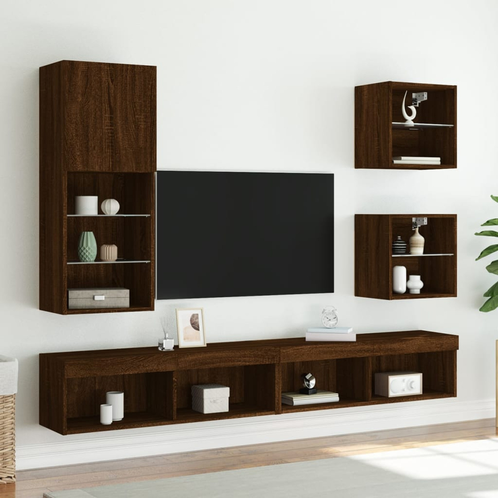vidaXL Single Door 3 Shelf Brown Oak LED Wall Mounted TV Cabinet Image 3