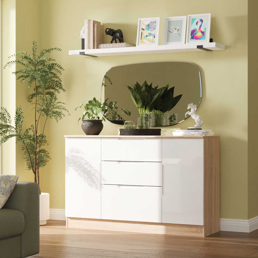 Crowndale Milan 2 Door 3 Drawer White Gloss and Bardolino Oak Sideboard Ready Assembled Image 9