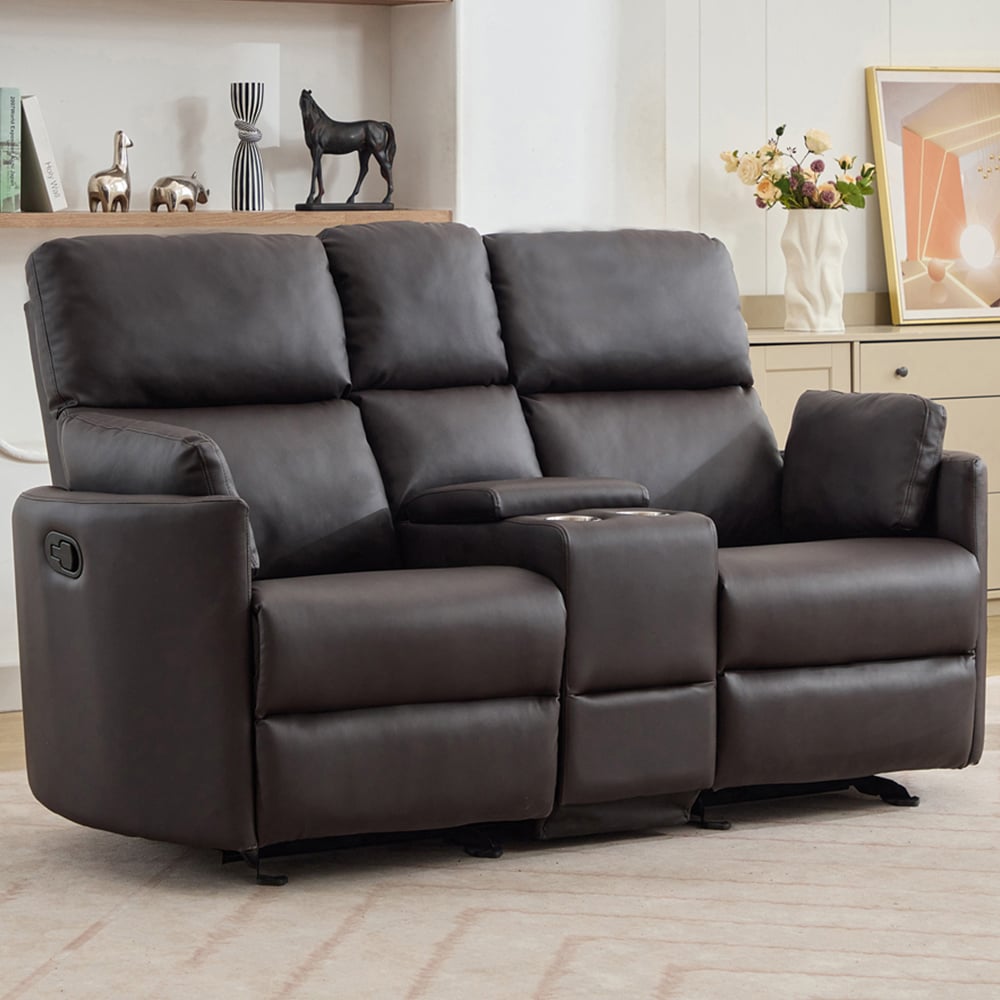 Artemis Home Hudson 2 Seater Brown Leather Rocker Manual Recliner Sofa with Centre Console Image 1