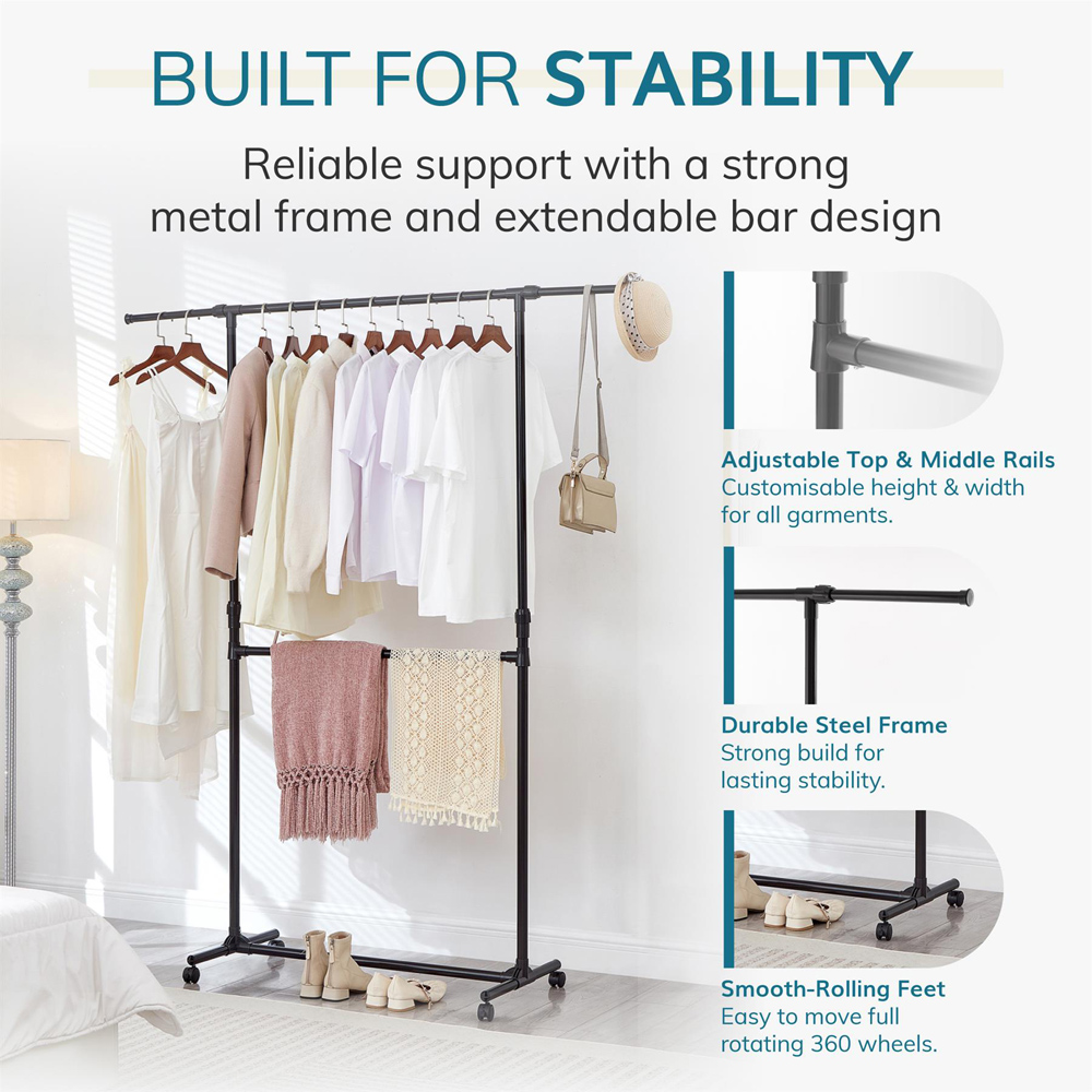 House Of Home Black Adjustable Double Clothes Rail Image 8