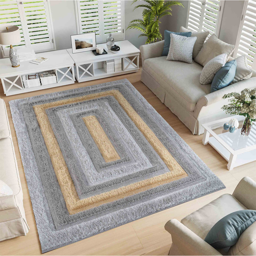 Desire Rug Modern Ochre Bordered Shimmer Soft Shaggy Area Rug 60 x 220cm Image 4