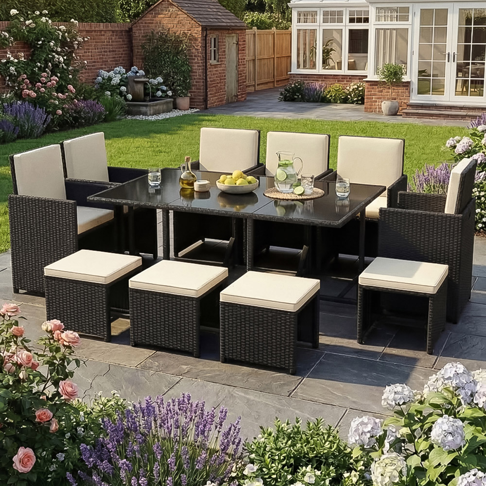 GARDEN VIDA Cuba 10 Seater Black PE Rattan Garden Dining Set with Cover Image 1