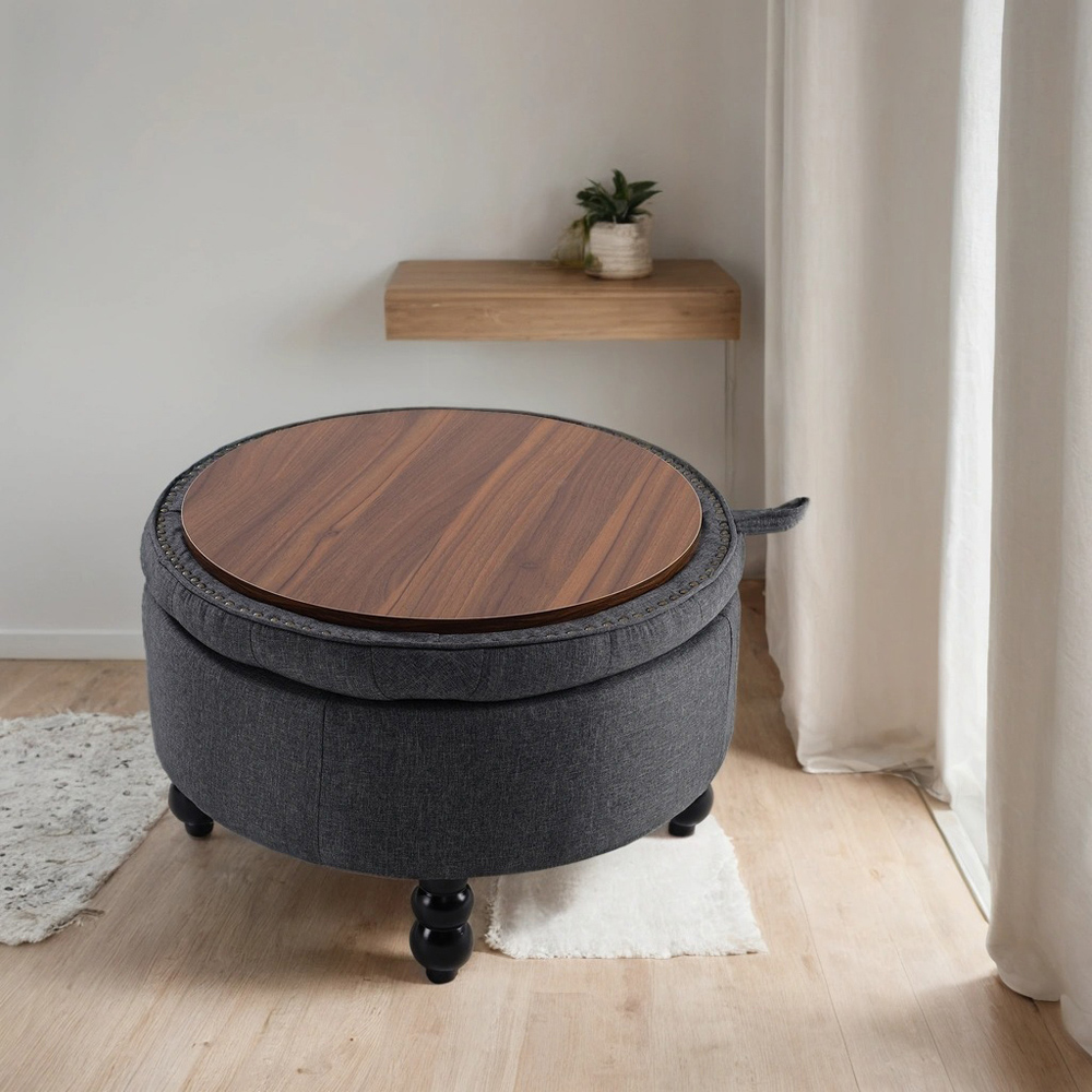 H&O Direct Grey Linen Round Ottoman with Tray Table Top Image 6