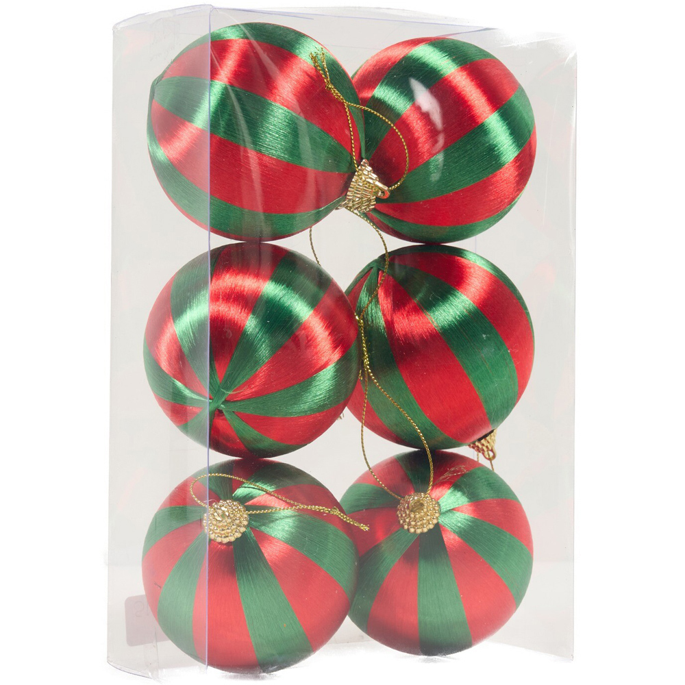 Pack of 6 Shiny Red and Green Striped Baubles Image 2