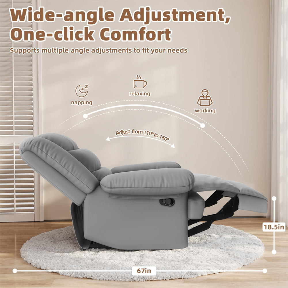 Rattrix Grey PU Leather Manual Reclining Chair with Padded Backrest and Retractable Footrest Image 8