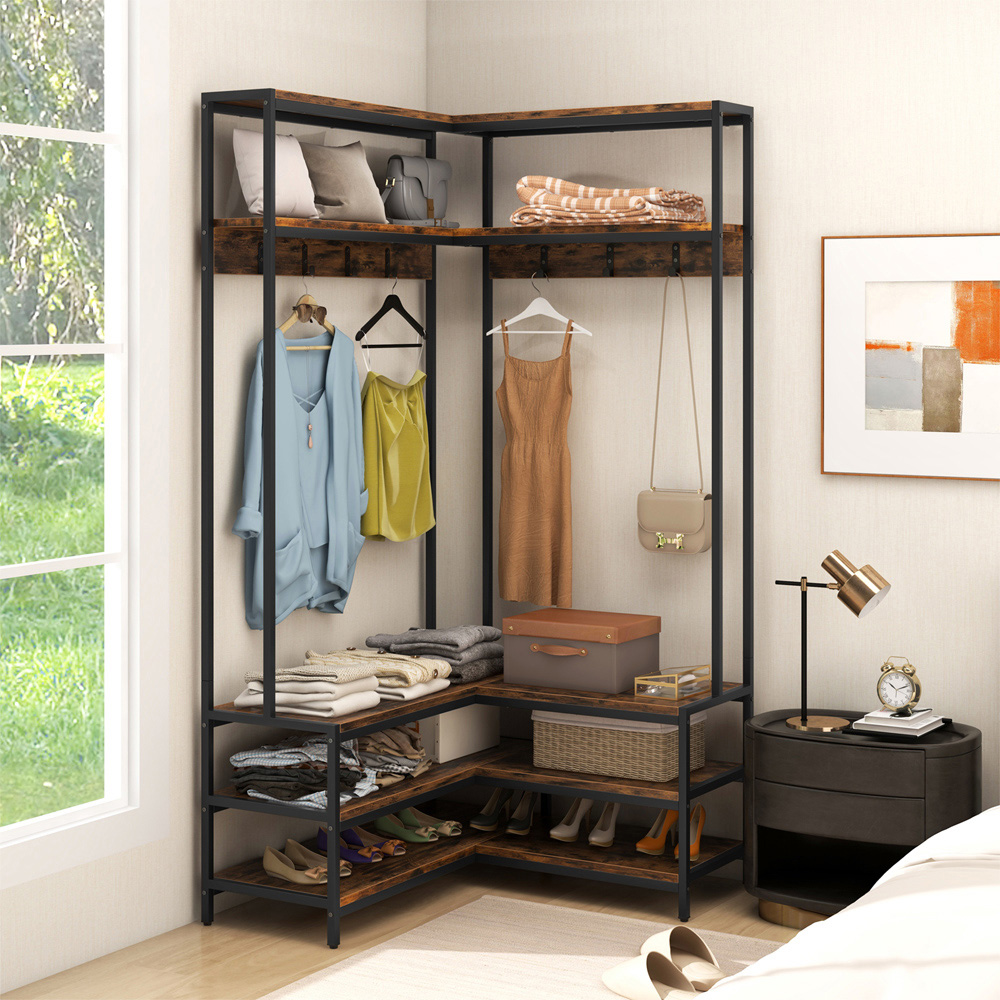 Costway 4 Shelf Rustic Brown L-shaped Clothes Corner Garment Rack with 7 Hooks Image 3