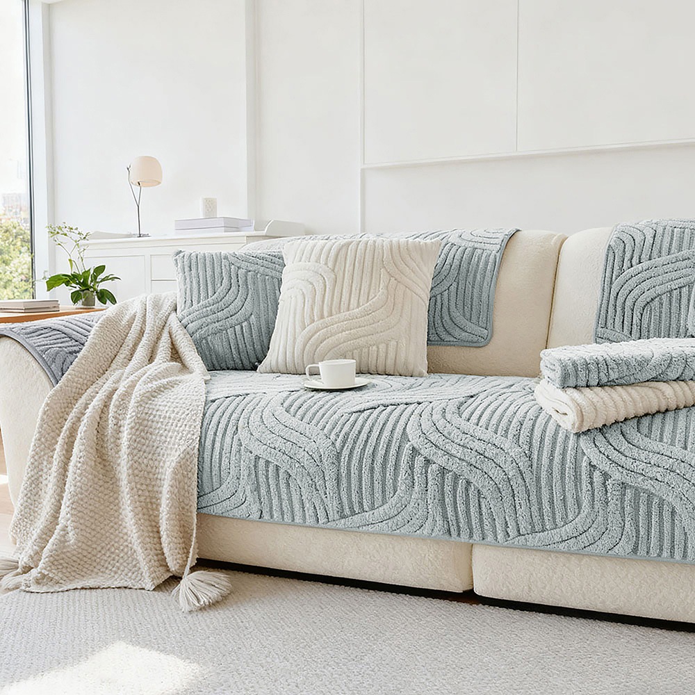 Living and Home 160 x 90cm Light Grey Minimalist Wavy Geometric Non-Slip Sofa Mat Image 2