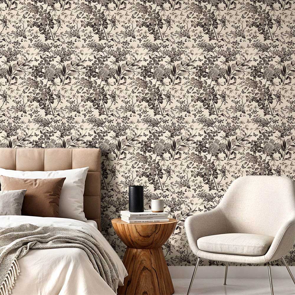 Living and Home Floral Pattern Beige and Black Peel and Stick Wallpaper Image 7