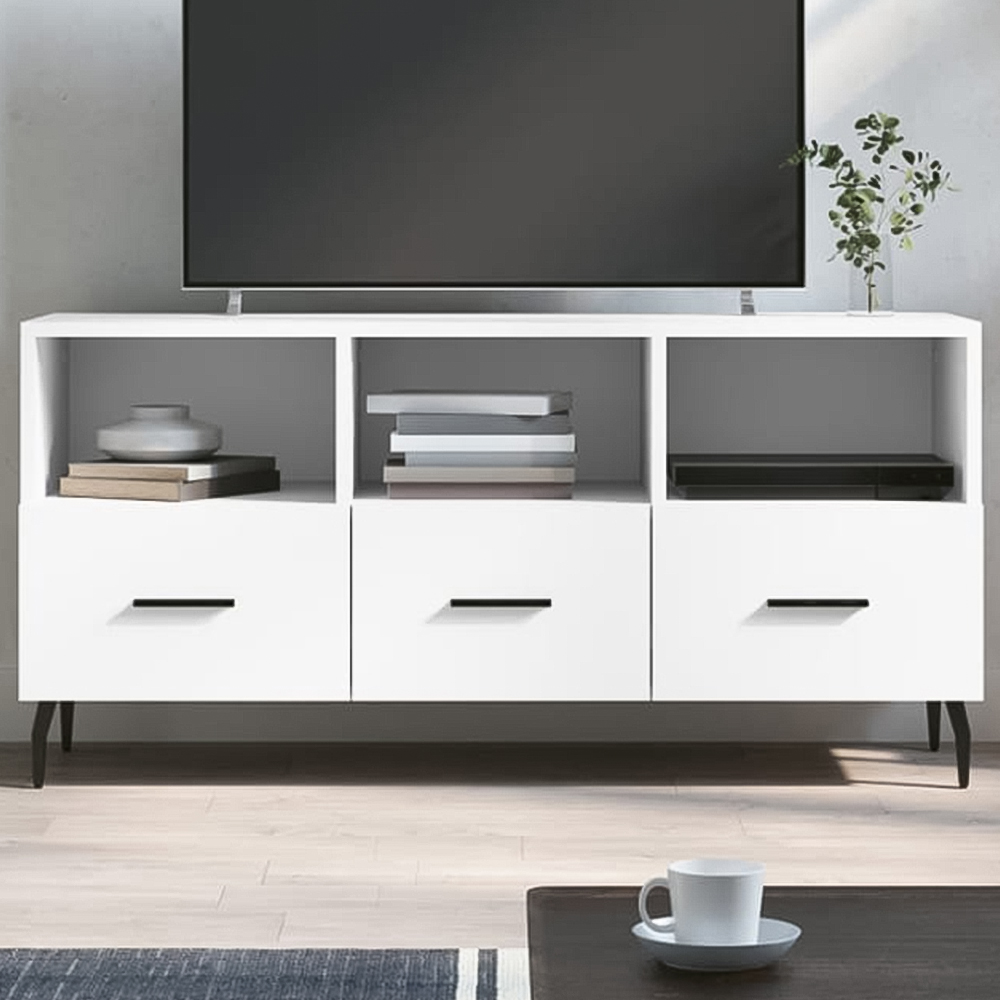 vidaXL 3 Drawer 3 Shelf White TV Cabinet Image 1
