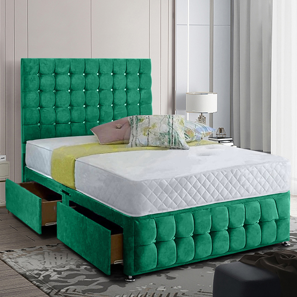 Eleganza Home Cloudrest Double Emerald Plush Velvet 2 Drawer Divan Bed with Headboard Image 1