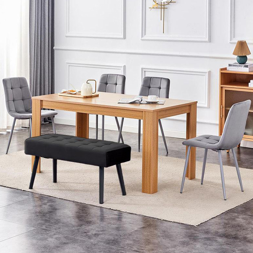 Portland 5 Seater Velvet Wooden Dining Set with Bench Oak Effect Grey and Black Image 1