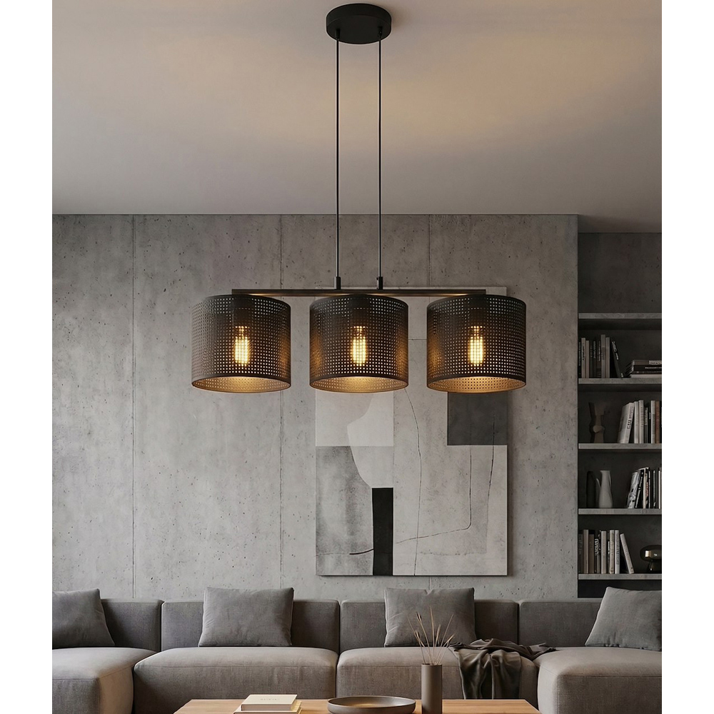 Emibig Lux 3 Light Cylindrical Shade Black E27 Ceiling Pendant Light Image 6