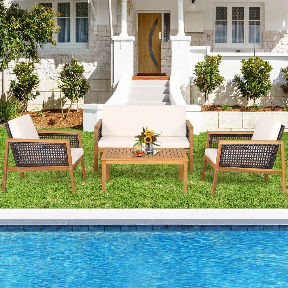 Costway 4 Seater White Patio Acacia Wood Furniture Set Image 1