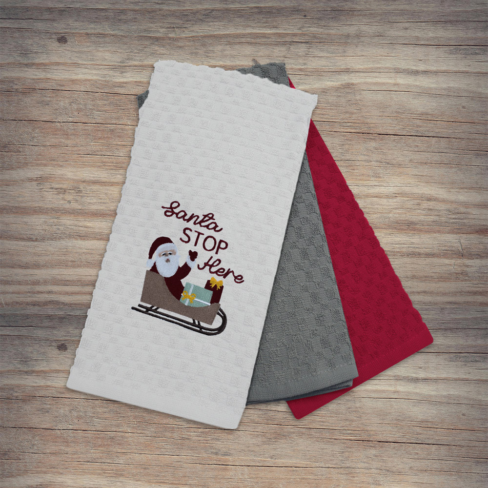 Noel Square Santa Stop White Tea Towel 3 Pack Image 2