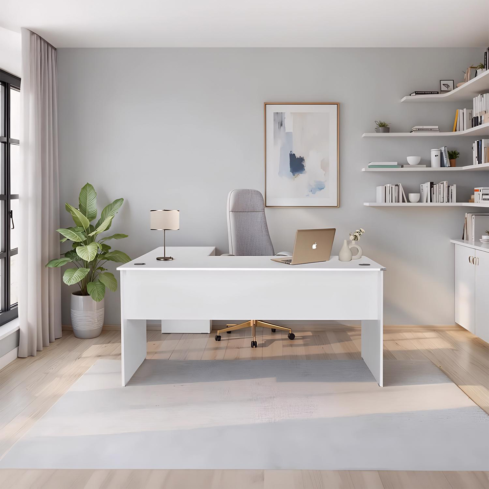 FWStyle White L-Shape Corner Study Desk Image 4