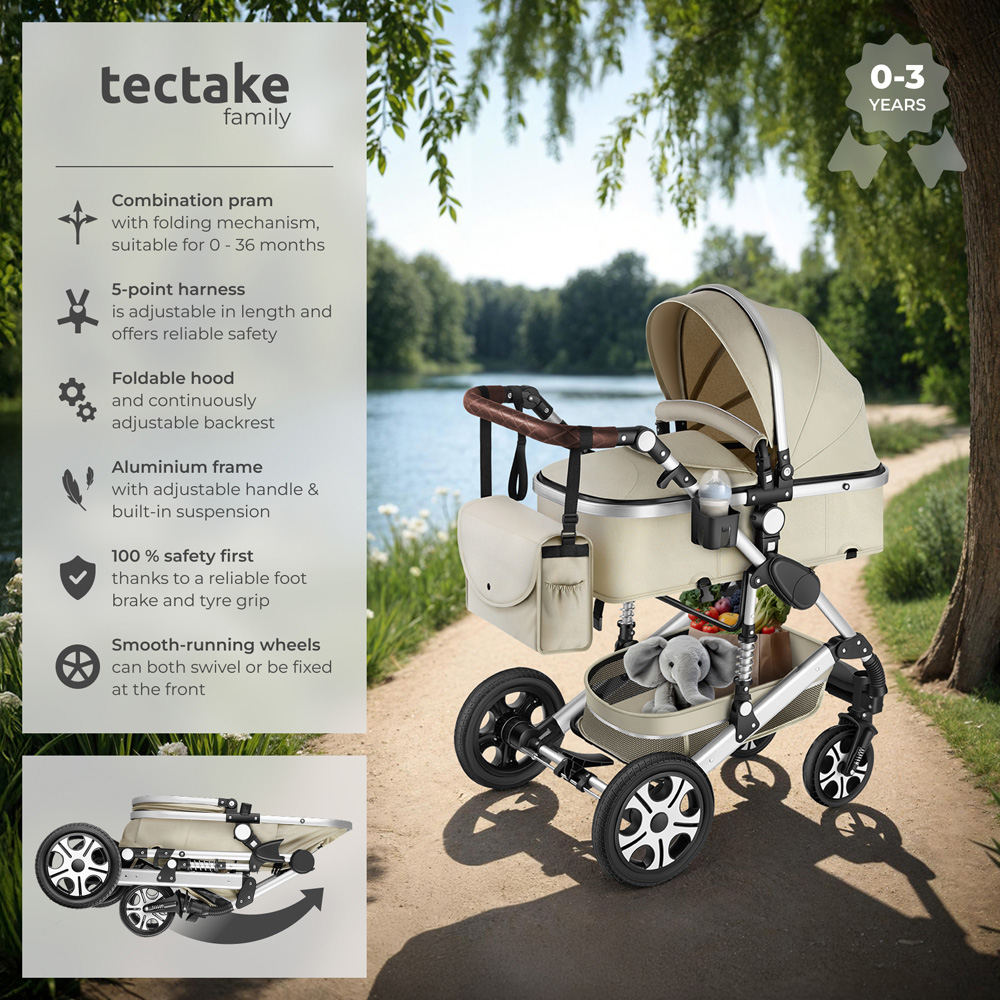 tectake Grey and Beige Foldable Pram Stroller with 5 Point Harness Safety Bar and Wrist Strap Image 8