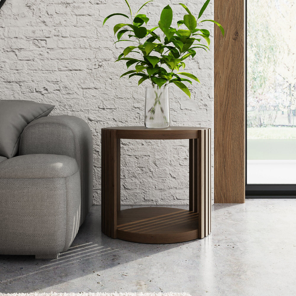 GFW Zadie Single Shelf Walnut Slatted Round Side Table Image 7