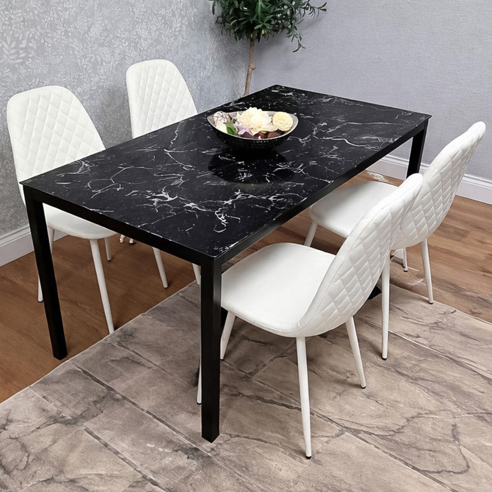 Portland 4 Seater Gem Pattern Faux Leather Marble Effect Tabletop Dining Set Black and White Image 1