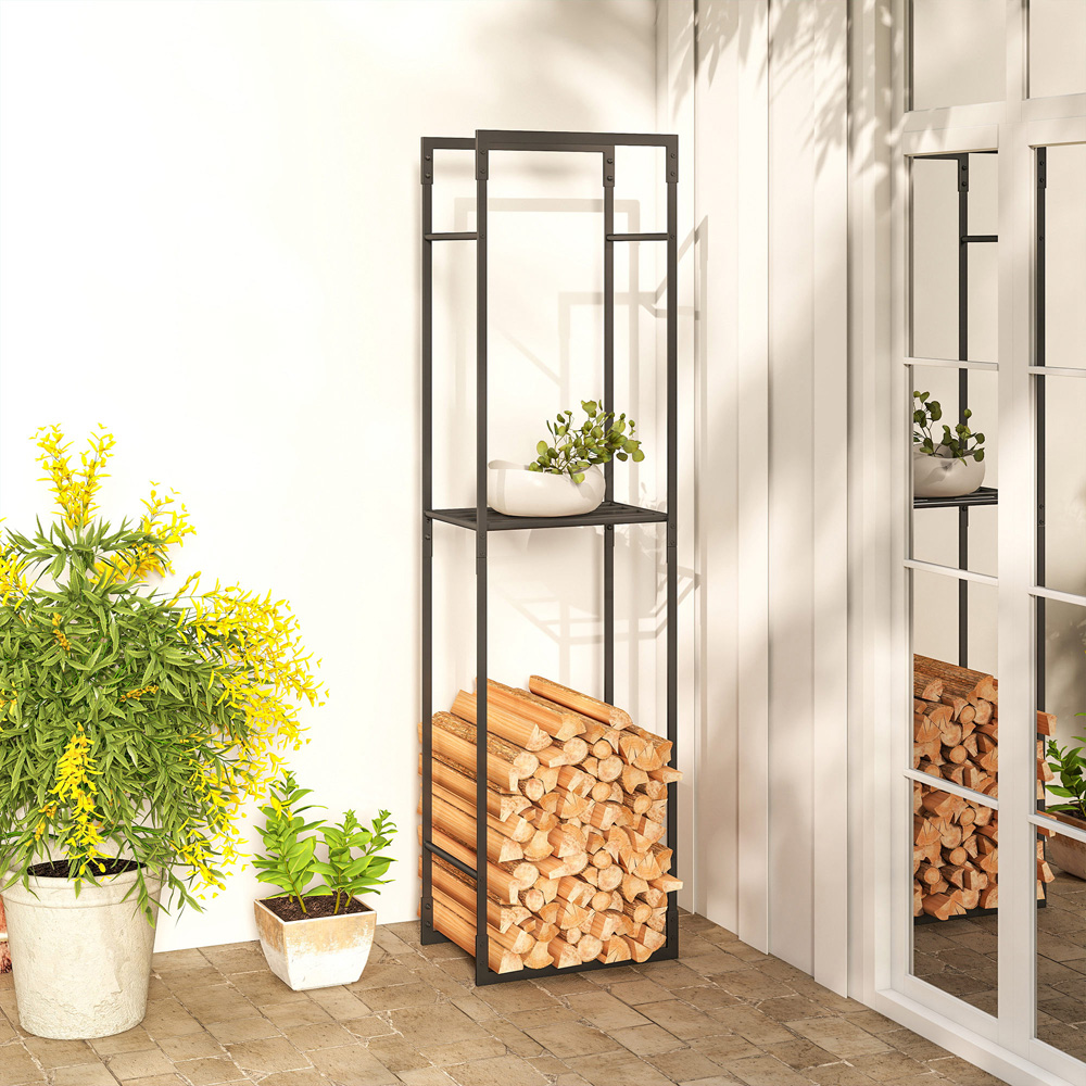 Outsunny Black Metal Firewood Log Holder with Adjustable Shelf 170 x 31 x 45cm Image 3