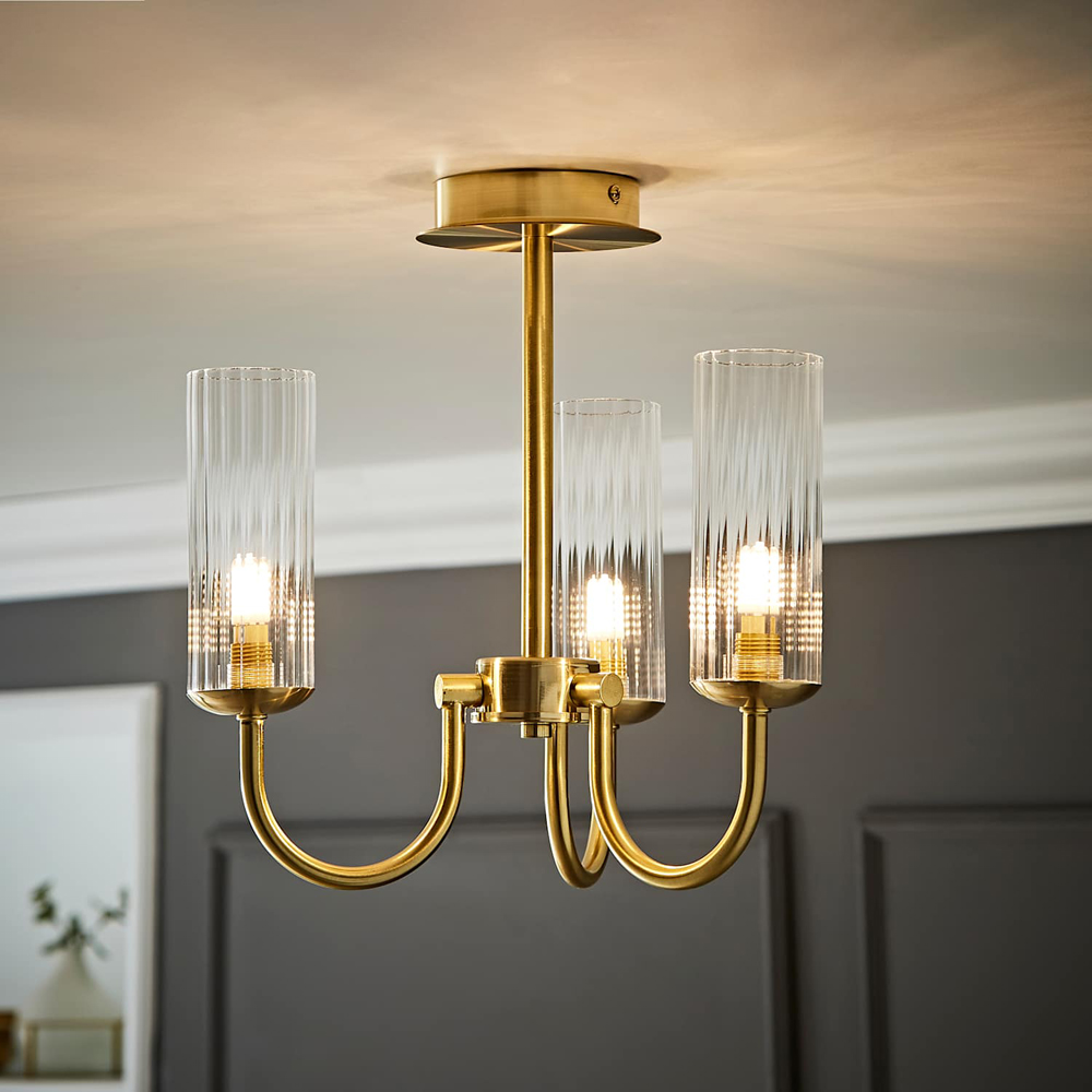 ValueLights Canya Clear Ribbed Shades 3 Way Brushed Gold Ceiling Light Chandelier with Bulbs Image 6