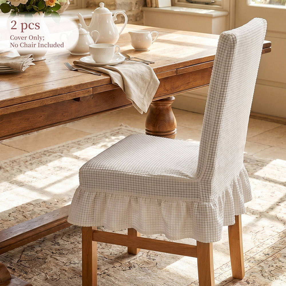 Living and Home Beige Dining Chair Cover with Ruffled Skirt and Fabric Tie Set of 2 Image 2