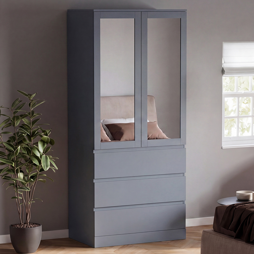 VIDA DESIGNS Denver 2 Door 3 Drawer Grey Mirrored Wardrobe Image 1