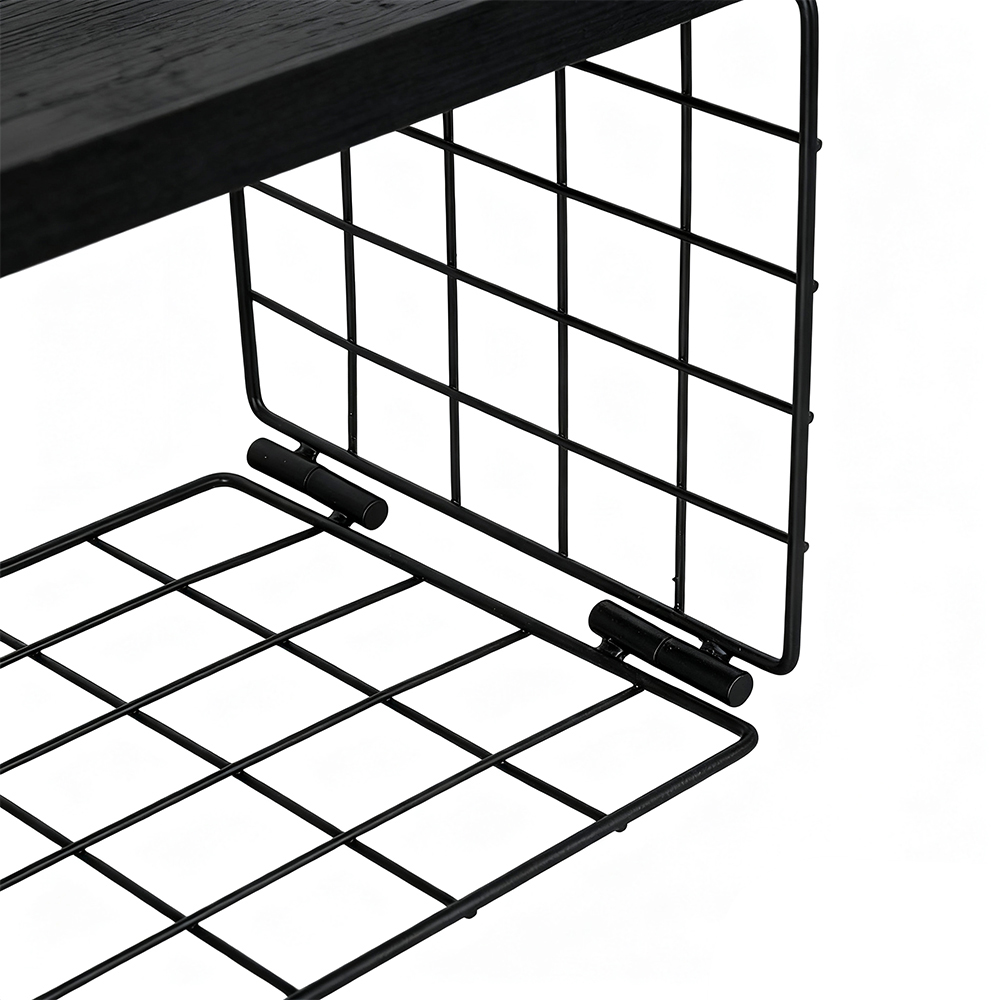 Living and Home Black 2-Tier Wall-Mounted Floating Shelf with Wire Basket Image 7