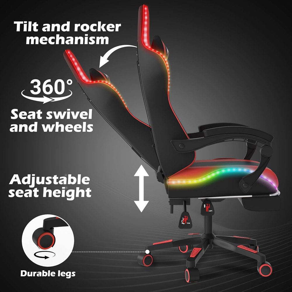 Alivio Red PU Leather Wireless App Control LED Gaming Chair with Massage Lumbar Cushion Image 6