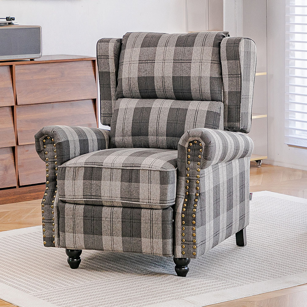 Living and Home Grey and Black Plaid Pattern Linen Pushback Recliner Armchair Image 8