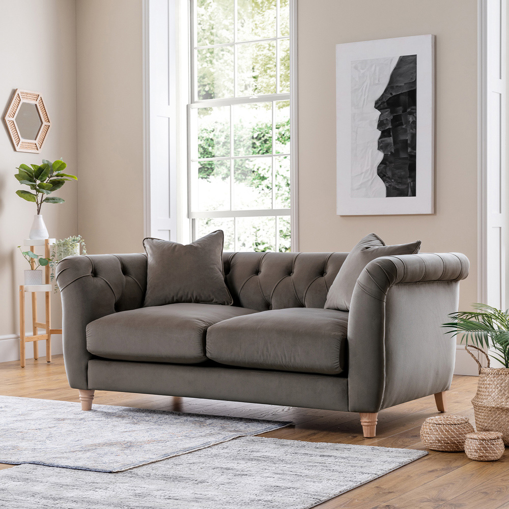 Elsie Chesterfield 5 Seater Mushroom Plush Velvet Sofa Suite Image 5