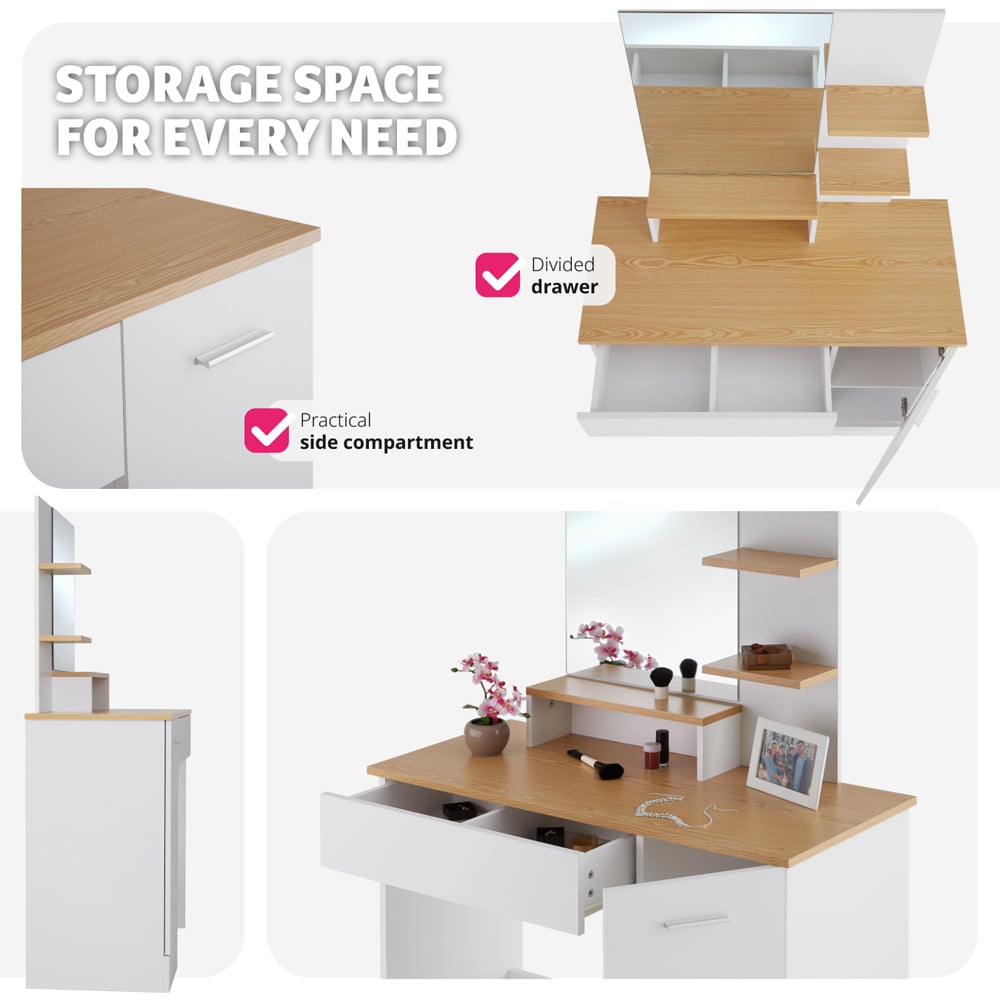 tectake Zoe Single Door Single Drawer 3 Shelf White and Beech Dressing Table Set with Mirror Image 7