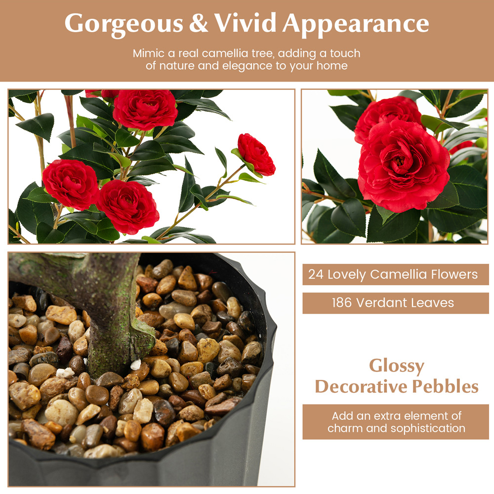Costway Red Flowers Camellia Tree Artificial Plant In Pot 3.1ft 2 Pack Image 6