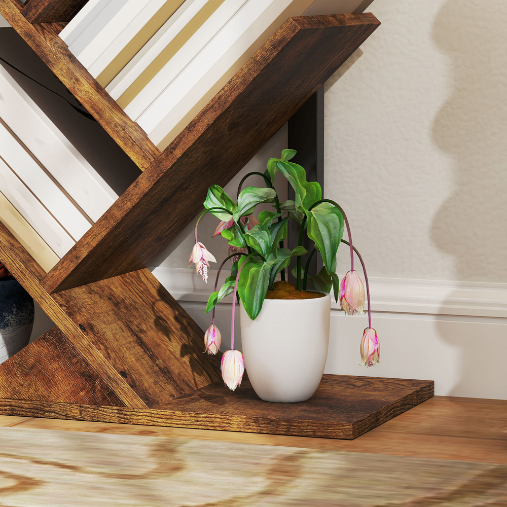 HOMCOM 6 Shelf Rustic Brown Steel Frame Tree Bookshelf Image 3