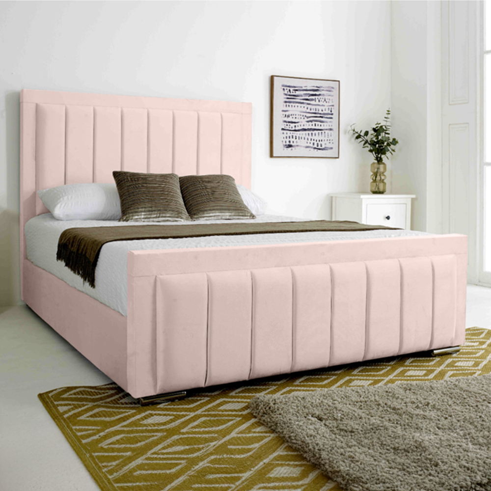 Eleganza Stylus Single Pink Plush Velvet Bed Frame with Lined Headboard and Footboard Image 1