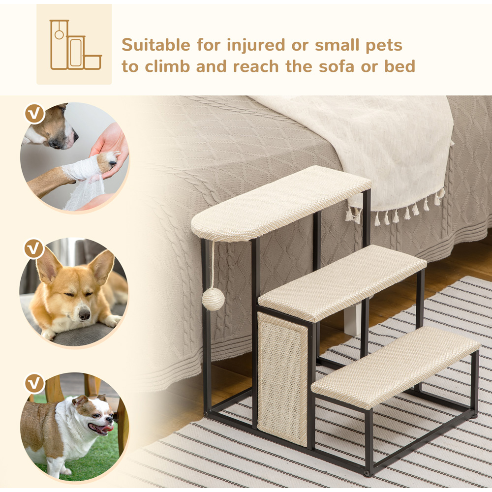 PawHut Cream 3 Step Pet Stairs with Sisal Scratching Board and Hanging Ball Image 6